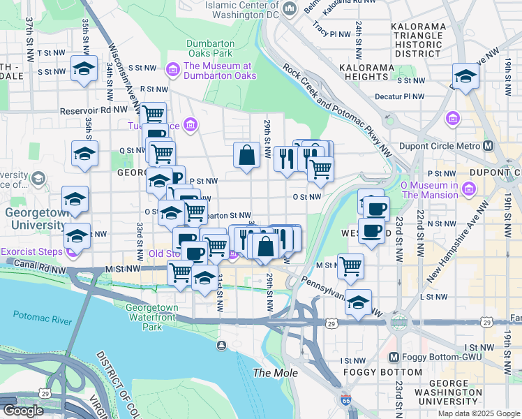 map of restaurants, bars, coffee shops, grocery stores, and more near 2911 Dumbarton Street Northwest in Washington
