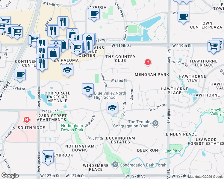map of restaurants, bars, coffee shops, grocery stores, and more near 6232 West 121st Terrace in Leawood