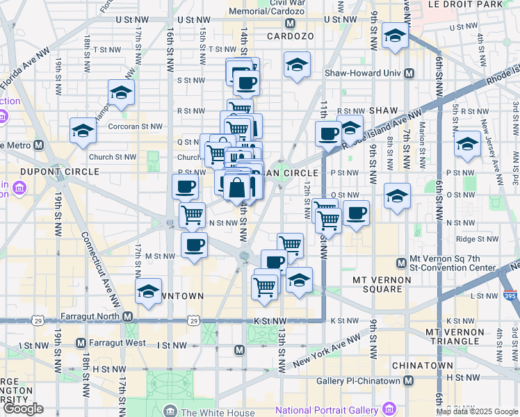 map of restaurants, bars, coffee shops, grocery stores, and more near 1310 Vermont Avenue Northwest in Washington