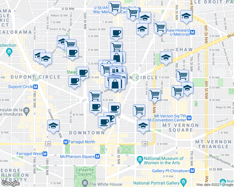 map of restaurants, bars, coffee shops, grocery stores, and more near 1320 14th Street Northwest in Washington