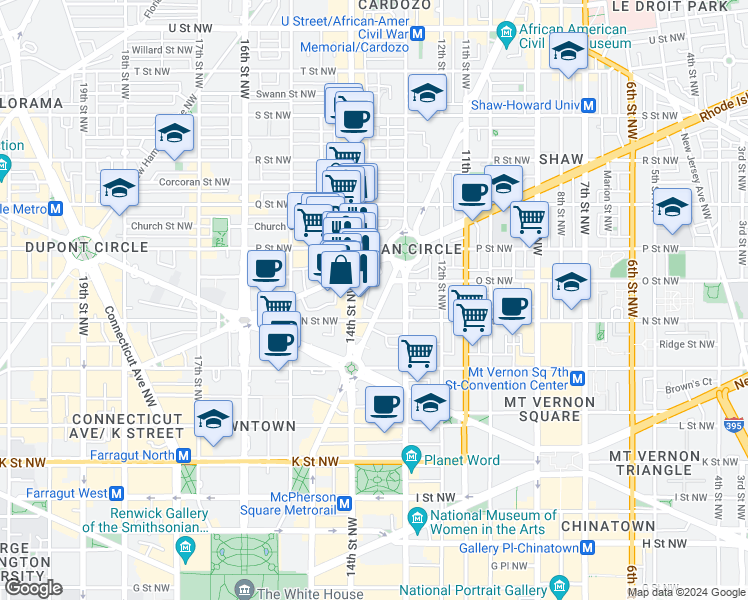 map of restaurants, bars, coffee shops, grocery stores, and more near 1310 Vermont Avenue Northwest in Washington