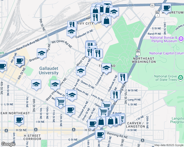 map of restaurants, bars, coffee shops, grocery stores, and more near 1238 Meigs Place Northeast in Washington