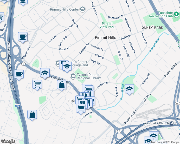 map of restaurants, bars, coffee shops, grocery stores, and more near 2023 Dexter Drive in Falls Church