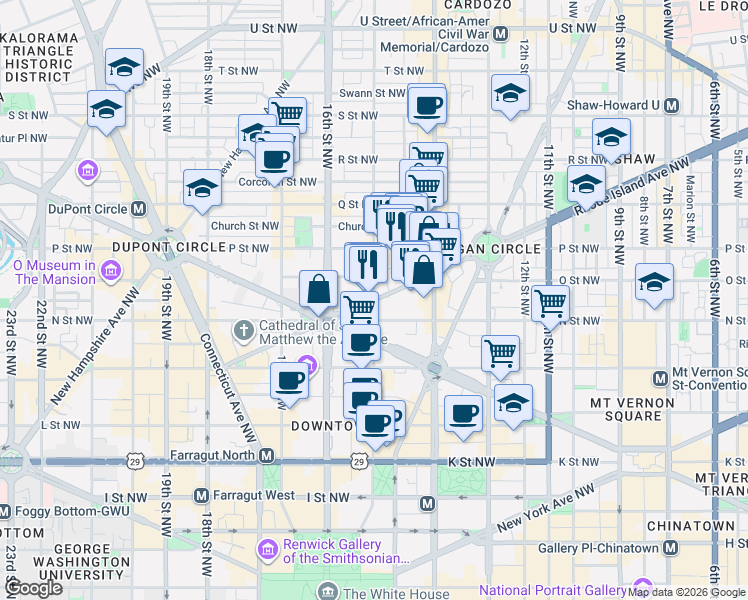 map of restaurants, bars, coffee shops, grocery stores, and more near 1305 15th Street Northwest in Washington
