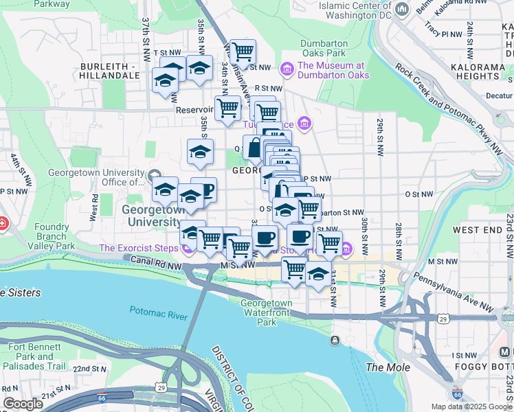 map of restaurants, bars, coffee shops, grocery stores, and more near 1401 33rd Street Northwest in Washington