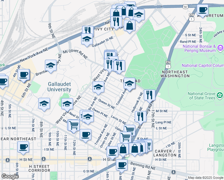 map of restaurants, bars, coffee shops, grocery stores, and more near 1238 Meigs Place Northeast in Washington