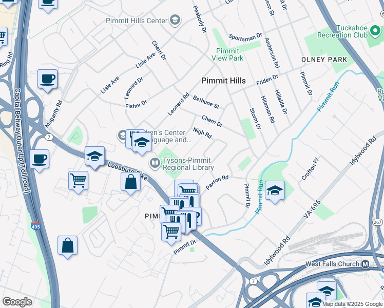 map of restaurants, bars, coffee shops, grocery stores, and more near 2023 Dexter Drive in Falls Church