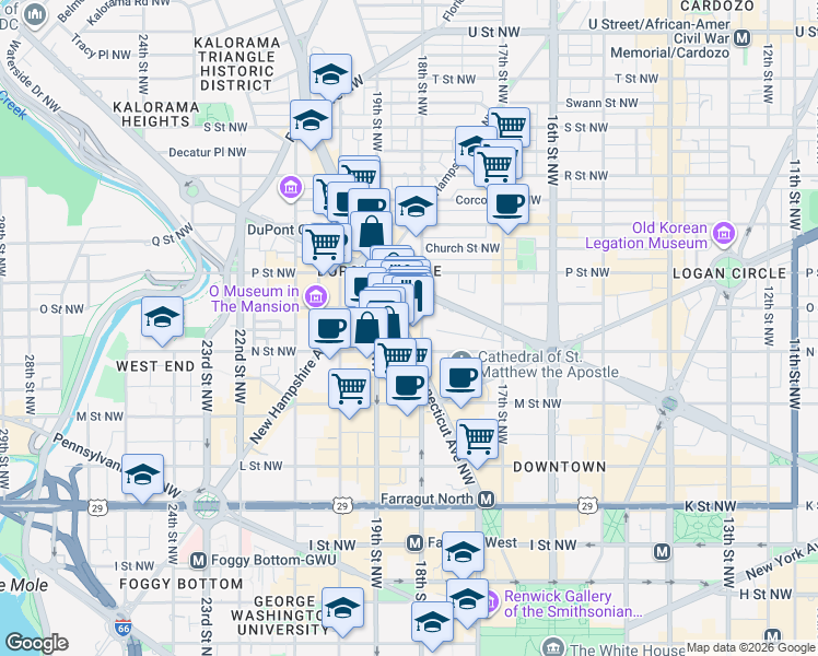 map of restaurants, bars, coffee shops, grocery stores, and more near 1323 Connecticut Avenue Northwest in Washington