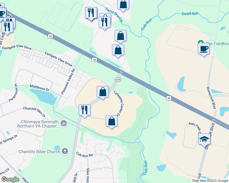 map of restaurants, bars, coffee shops, grocery stores, and more near 4040 Lafayette Center Drive in Chantilly
