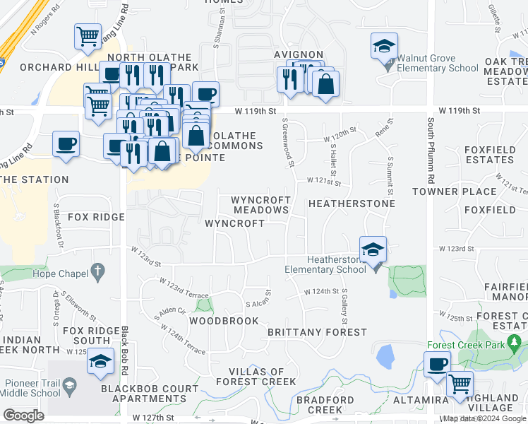 map of restaurants, bars, coffee shops, grocery stores, and more near 12160 South Alcan Street in Olathe