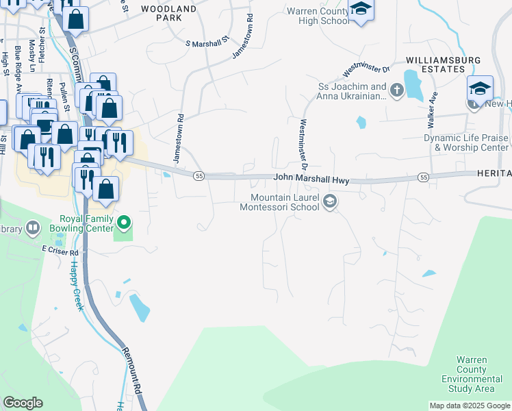 map of restaurants, bars, coffee shops, grocery stores, and more near 1230 Elm Street in Front Royal