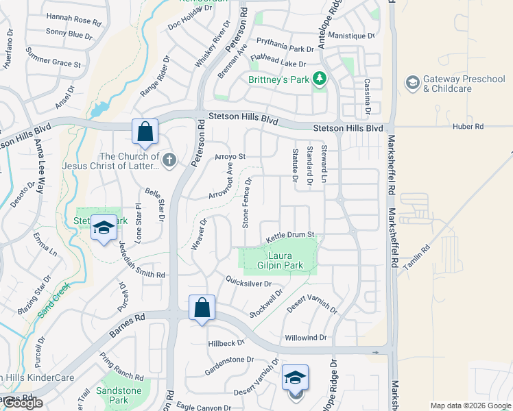 map of restaurants, bars, coffee shops, grocery stores, and more near 5176 Stetson Meadows Drive in Colorado Springs