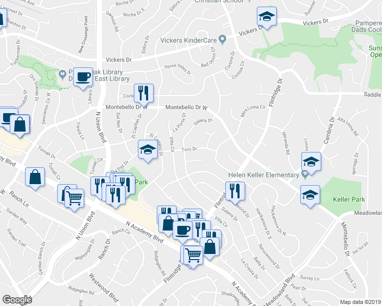map of restaurants, bars, coffee shops, grocery stores, and more near 3225 Toro Drive in Colorado Springs