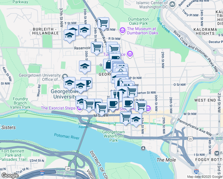 map of restaurants, bars, coffee shops, grocery stores, and more near 3257 O Street Northwest in Washington