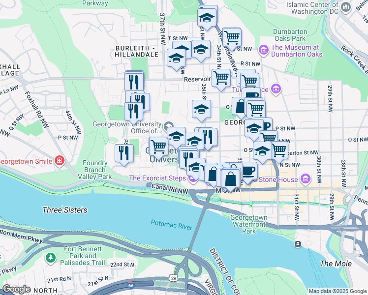 map of restaurants, bars, coffee shops, grocery stores, and more near 3615 O Street Northwest in Washington
