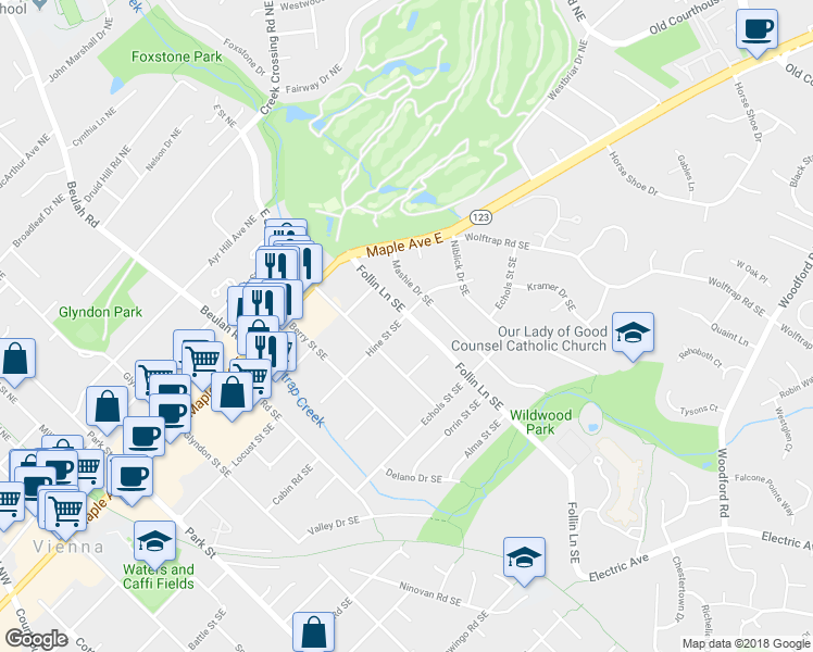 map of restaurants, bars, coffee shops, grocery stores, and more near 627 Hine Street Southeast in Vienna