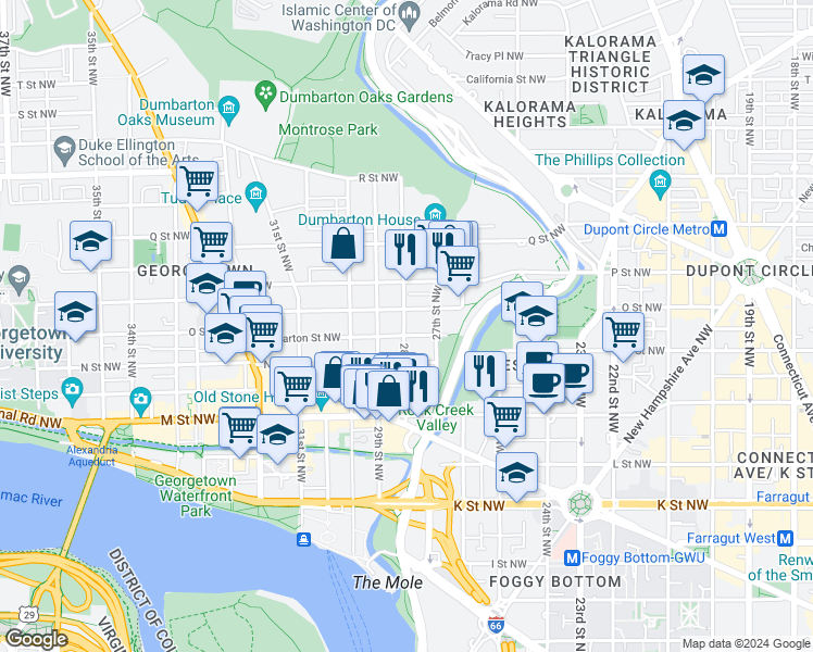 map of restaurants, bars, coffee shops, grocery stores, and more near 1341 28th Street Northwest in Washington