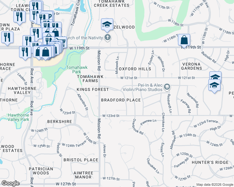 map of restaurants, bars, coffee shops, grocery stores, and more near 12101 Pawnee Lane in Leawood