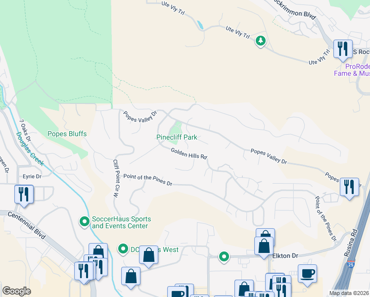 map of restaurants, bars, coffee shops, grocery stores, and more near 5321 Setters Way in Colorado Springs