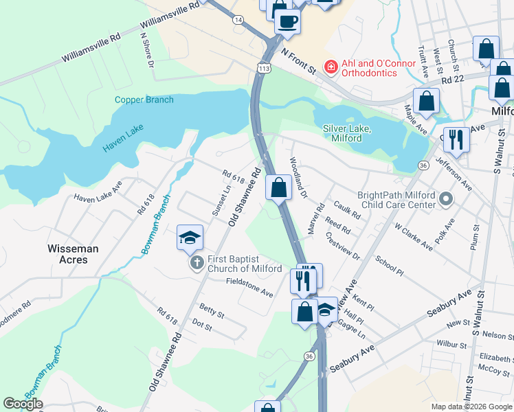 map of restaurants, bars, coffee shops, grocery stores, and more near 5845 Old Shawnee Road in Milford