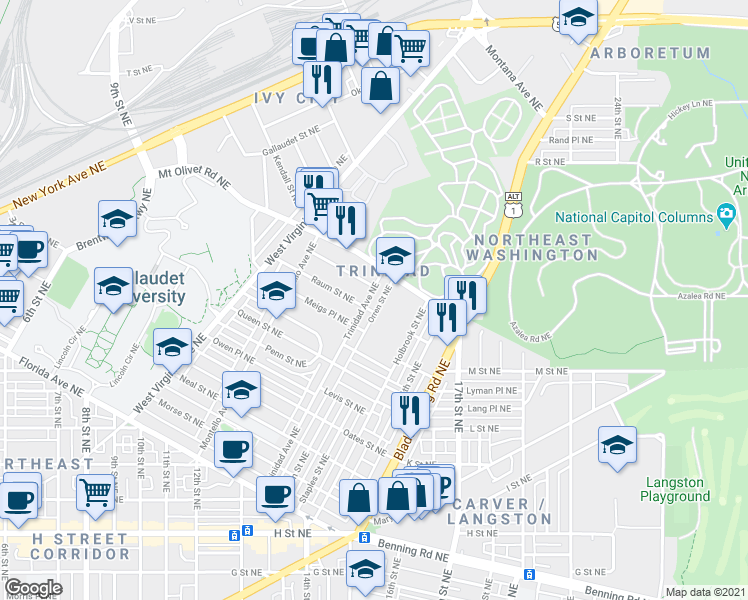 map of restaurants, bars, coffee shops, grocery stores, and more near 101 Independence Avenue Southeast in Washington