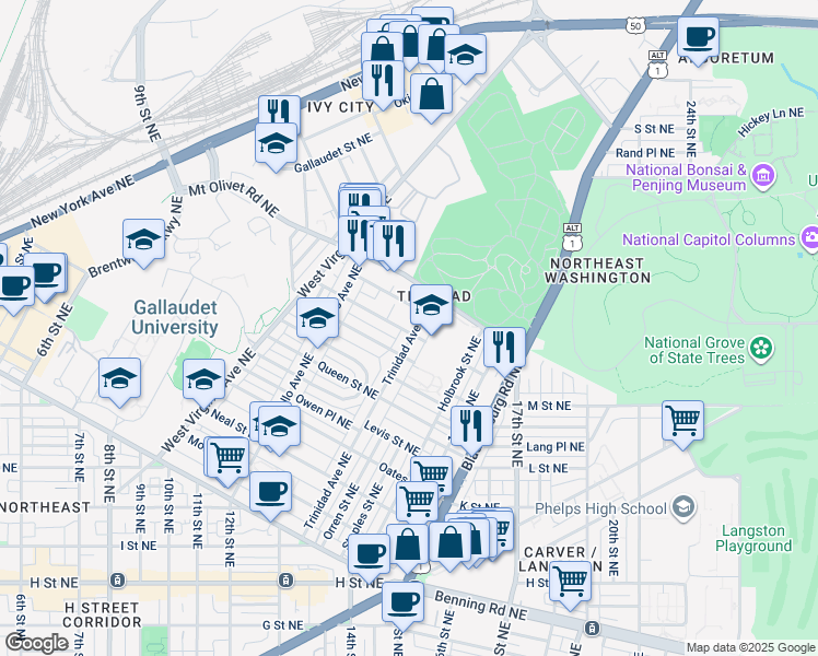 map of restaurants, bars, coffee shops, grocery stores, and more near 101 Independence Avenue Southeast in Washington