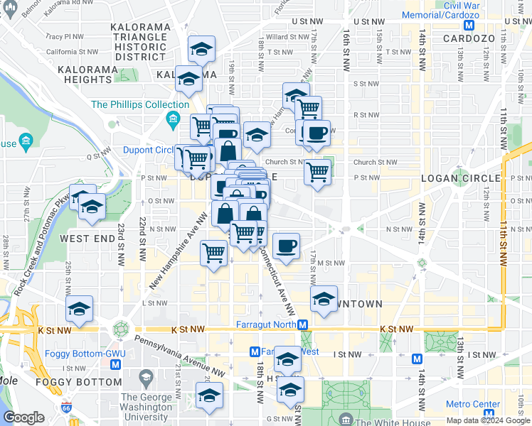 map of restaurants, bars, coffee shops, grocery stores, and more near 1325 18th Street Northwest in Washington