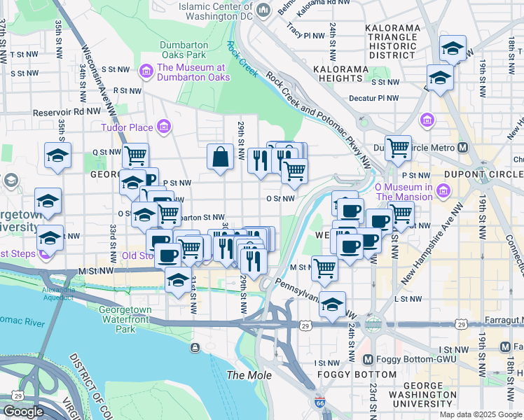 map of restaurants, bars, coffee shops, grocery stores, and more near 1341 28th Street Northwest in Washington