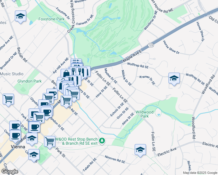 map of restaurants, bars, coffee shops, grocery stores, and more near 627 Hine Street Southeast in Vienna