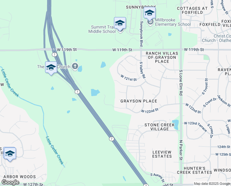 map of restaurants, bars, coffee shops, grocery stores, and more near 22274 West 121st Court in Olathe