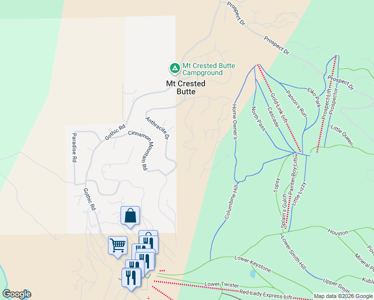 map of restaurants, bars, coffee shops, grocery stores, and more near 87 Ruby Dr in Crested Butte