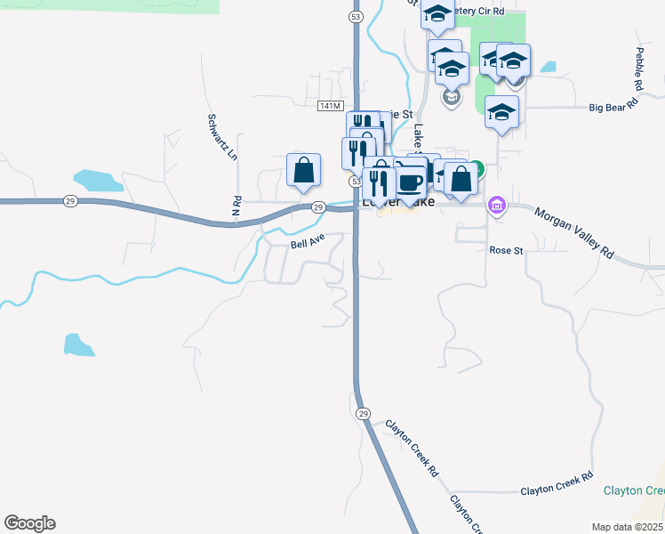 map of restaurants, bars, coffee shops, grocery stores, and more near 10122 Bell Circle South in Lower Lake