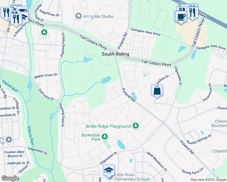 map of restaurants, bars, coffee shops, grocery stores, and more near 25615 Preston Park Terrace in South Riding
