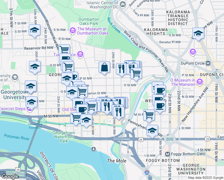 map of restaurants, bars, coffee shops, grocery stores, and more near 1334 29th Street Northwest in Washington