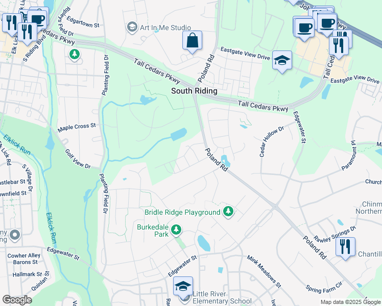 map of restaurants, bars, coffee shops, grocery stores, and more near 25615 Preston Park Terrace in South Riding
