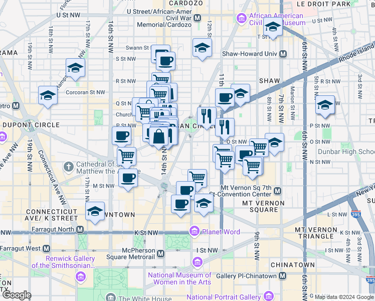 map of restaurants, bars, coffee shops, grocery stores, and more near 1320 13th Street Northwest in Washington
