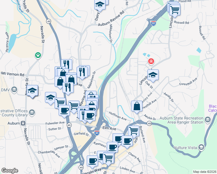 map of restaurants, bars, coffee shops, grocery stores, and more near 567 Landis Circle in Auburn