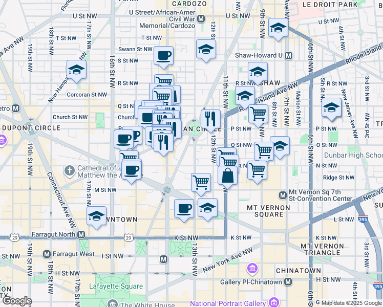 map of restaurants, bars, coffee shops, grocery stores, and more near 1320 13th Street Northwest in Washington
