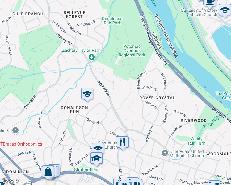 map of restaurants, bars, coffee shops, grocery stores, and more near 2617 Marcey Road in Arlington