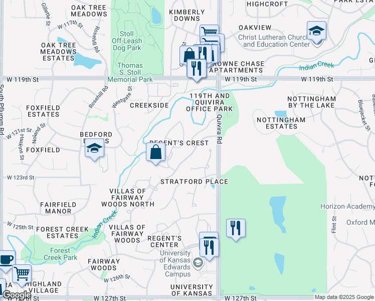 map of restaurants, bars, coffee shops, grocery stores, and more near 12401 West 120th Street in Overland Park