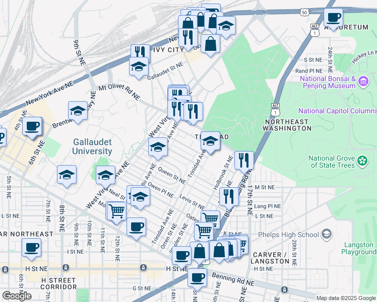 map of restaurants, bars, coffee shops, grocery stores, and more near 101 Independence Avenue Southeast in Washington