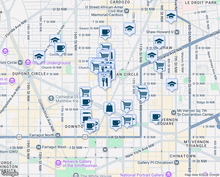 map of restaurants, bars, coffee shops, grocery stores, and more near 1323 14th Street Northwest in Washington