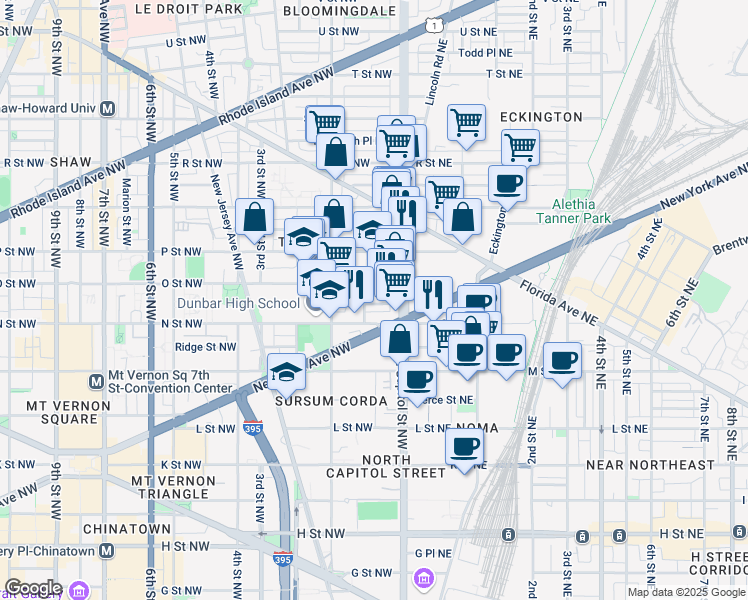 map of restaurants, bars, coffee shops, grocery stores, and more near 43 Hanover Place Northwest in Washington