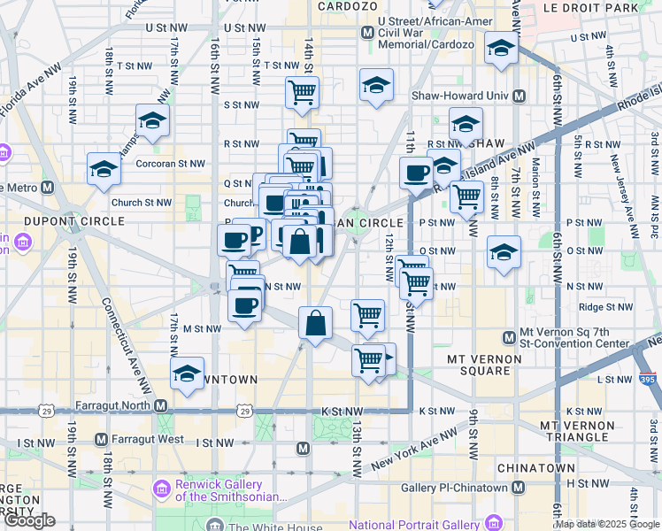 map of restaurants, bars, coffee shops, grocery stores, and more near 1314 Vermont Avenue Northwest in Washington
