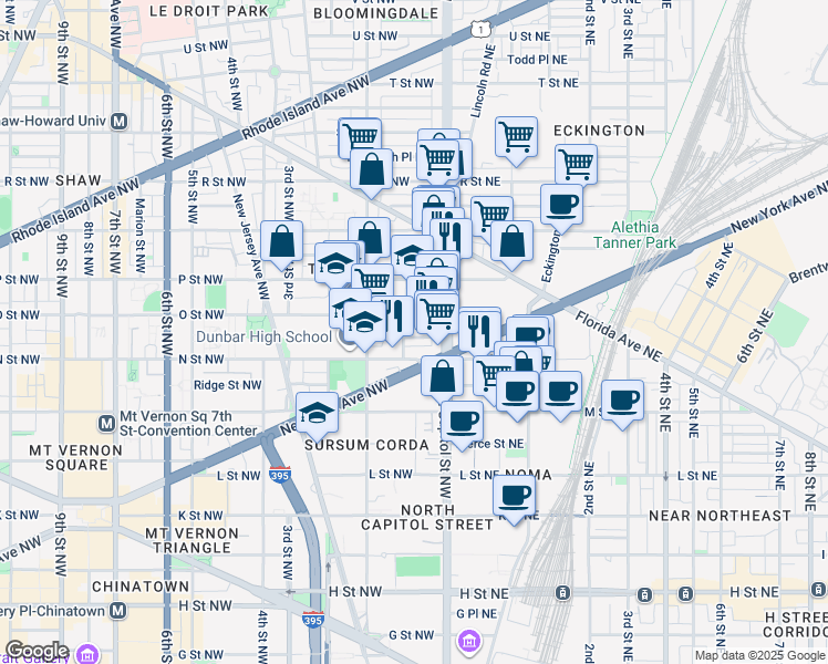 map of restaurants, bars, coffee shops, grocery stores, and more near 43 Hanover Place Northwest in Washington