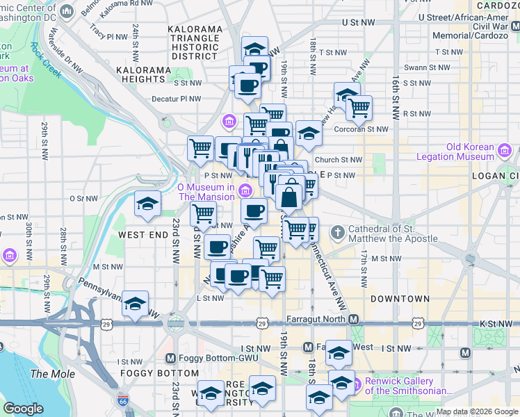 map of restaurants, bars, coffee shops, grocery stores, and more near New Hampshire Ave NW & 20th St NW in Washington