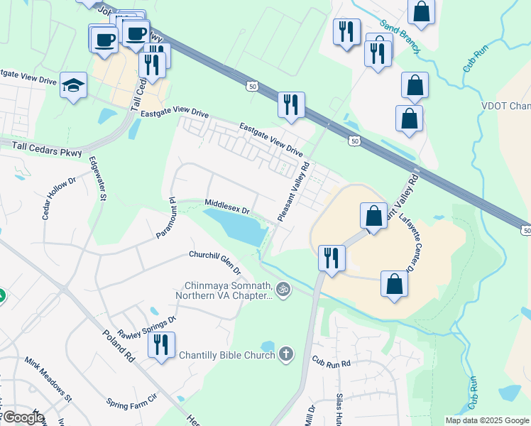 map of restaurants, bars, coffee shops, grocery stores, and more near 43926 Middlesex Drive in Chantilly
