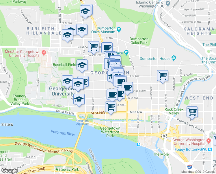 map of restaurants, bars, coffee shops, grocery stores, and more near 3257 O Street Northwest in Washington