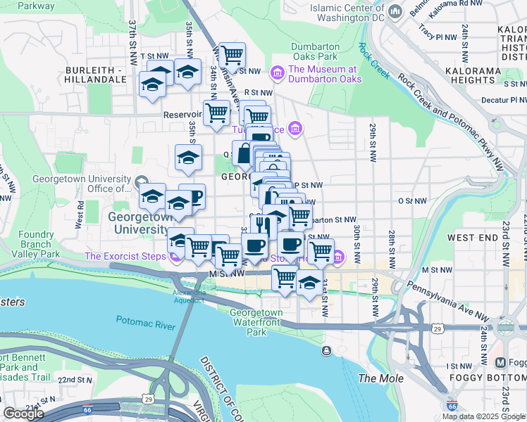 map of restaurants, bars, coffee shops, grocery stores, and more near 3219 O Street Northwest in Washington