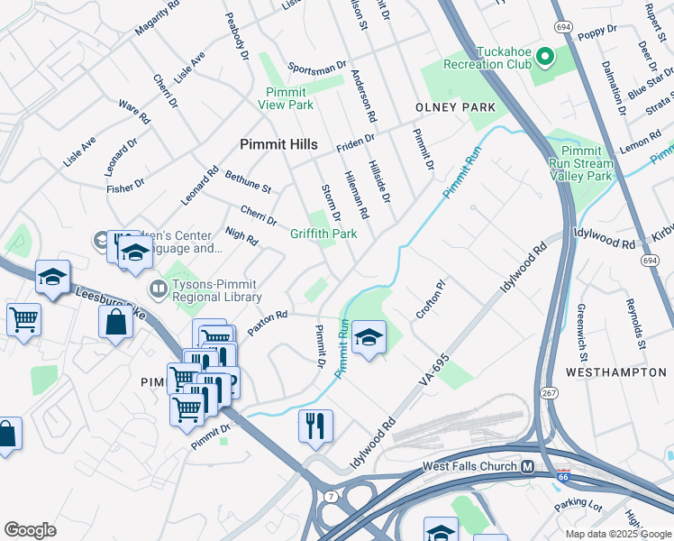 map of restaurants, bars, coffee shops, grocery stores, and more near 2033 Griffith Road in Falls Church